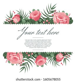Greeting wedding card. Flowers anniversary romantic design card, floral framed invitation and wedding romantic border, flower frame decoration wedding invitation template vector isolated illustration