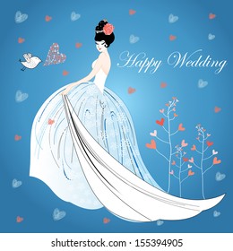 greeting wedding card with a lovely bride on a blue background with hearts 