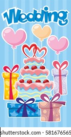 Greeting Wedding poster with festive cake present boxes and colorful balloons stickers on blue striped background vector illustration