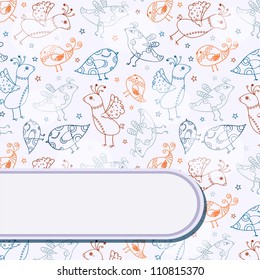 Greeting White Card with Bird Silhouettes on Background. Straight Line Label