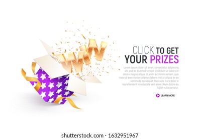 Greeting winner. Gambling vector banner. Victory celebration. Open textured purple box with confetti explosion inside and win gold word on white background 