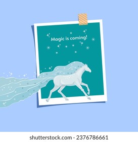 Greeting winter card with text and white fairy horse with snowy mane and tail. Vector illustration of concept of arrival of magical season of winter and snow. Magic is coming.