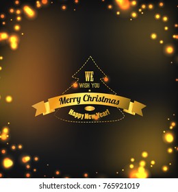 Greeting winter holidays template with greeting text golden ribbon and tree silhouette on glowing dark blurred background vector illustration