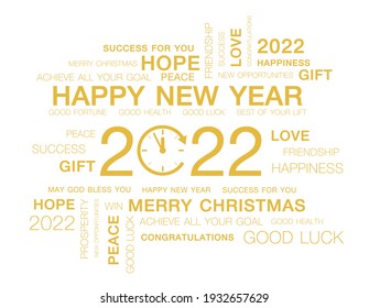 Greeting words around New Year date 2022 color in gold. Happy New Year 2022 colorful negative space numbers word cloud text .