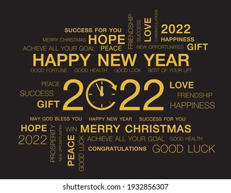 Greeting Words Around New Year Date 2022 Color In Gold. Happy New Year 2022 Colorful Negative Space Numbers Word Cloud Text .