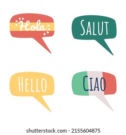 Greeting words in different languages semi flat color vector speech bubble set. Simple cartoon style illustration pack for web graphic design and animation. Amatic SC, Pacifico Regular fonts used