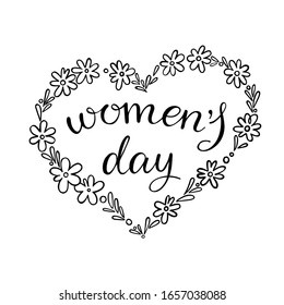 Greeting words Women's day in flowers wreath. Handwritten quote with decorative elements. Lettering design element for card isolated on white background.