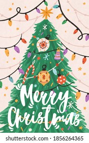 Greeting Xmas card with Merry Christmas inscription and fir tree decorated with light garland, stars and ornaments in retro style. Hand drawn colorful flat vector illustration