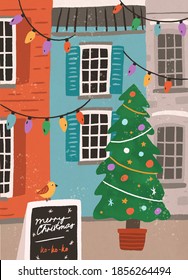 Greeting Xmas card with Merry Christmas inscription on slate board on empty city street decorated with festive light garland, potted fir tree. Hand drawn colorful flat vector illustration