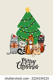 Greeting Xmas funny card with cute cats family, gifts, candy cane, Santa hat, ugly sweater. Merry Christmas hand writing inscription. Holiday celebration. Hand drawn doodle vector flat illustration.