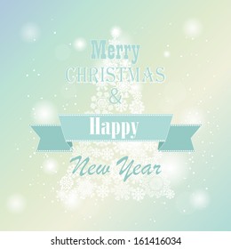 Greeting Xmas and New Year's card with fir tree from snowflakes. Vector illustration