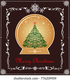 Greeting xmas sweet vintage card with gold globe, xmas tree, paper snowflakes and floral adornment