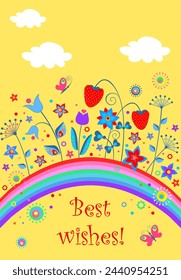 Greeting yellow summery card or poster with rainbow, strawberry, abstract colorful flowers for birthday celebration