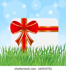 greeting-card in a green grass for a design and by a mestome for text,vector illustration