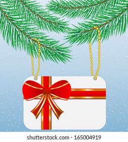greeting-card with red bow hang on branch, vector illustration