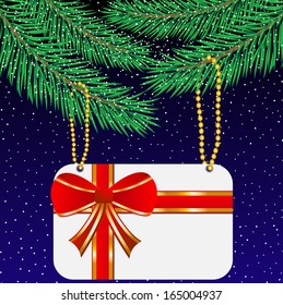 greeting-card with red bow hang on branch, vector illustration