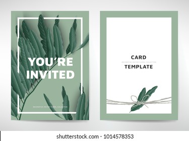 Greeting/invitation card template design, green leaves on green background, organic/nature theme