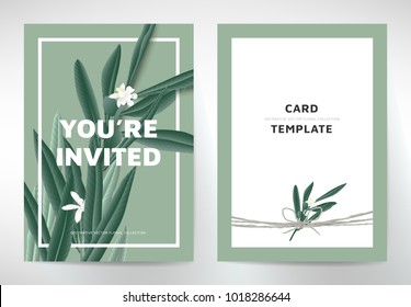 Greeting/invitation card template design, green olive leaves with white flowers on green background, organic/nature theme