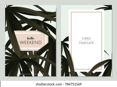 Greeting/invitation card template design, green palm leaves with frame on light green background