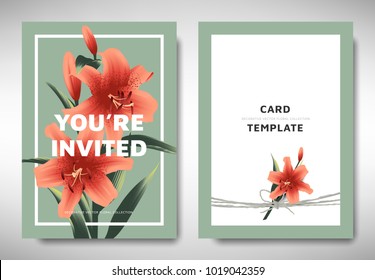 Greeting/invitation card template design, orange lily flowers with leaves on green background, organic/nature theme