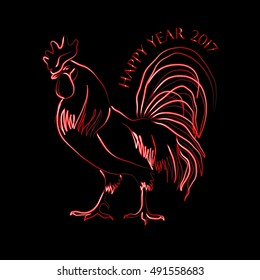 greetings, 2017 Happy New Year, Red Rooster, vector illustration, black background