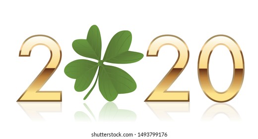 Greetings, with 2020 written in golden numbers around a four leaf clover that symbolizes luck and success.