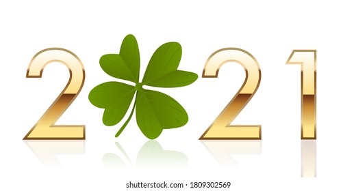 Greetings, with 2021 written in golden numbers around a four leaf clover that symbolizes luck and success.