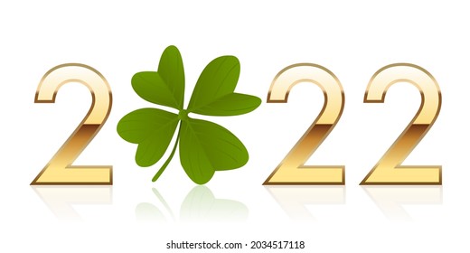 Greetings, with 2022 written in golden numbers around a four leaf clover that symbolises luck and success.