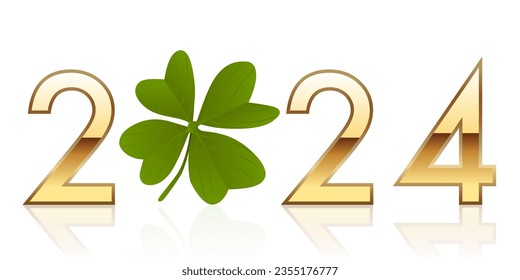 Greetings, with 2024 written in golden numbers around a four leaf clover that symbolizes luck and success.