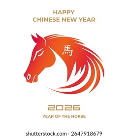 Greetings for the 2026 Chinese New Year, the Year of the Horse.Festive lunar holiday postcard designs with eastern oriental zodiac symbol. Asian poster with a horse head silhouette.Vector illustration