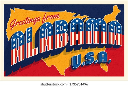 Greetings from Alabama USA. Retro style postcard with patriotic stars and stripes lettering and United States map in the background. Vector illustration.