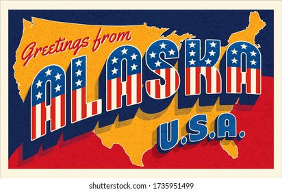 Greetings from Alaska USA. Retro style postcard with patriotic stars and stripes lettering and United States map in the background. Vector illustration.