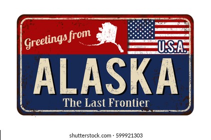 Greetings from Alaska vintage rusty metal sign on a white background, vector illustration