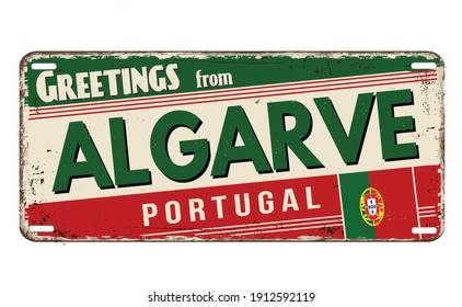 Greetings from Algarve vintage rusty metal plate on a white background, vector illustration