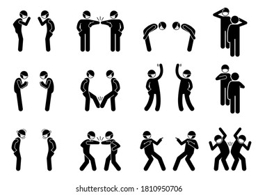 Greetings alternatives during pandemic coronavirus Covid-19. Vector stick figure of elbow bump, waving hand, bow, salute, foot tap, namaste, hand over heart, pointing finger, and hip bump.