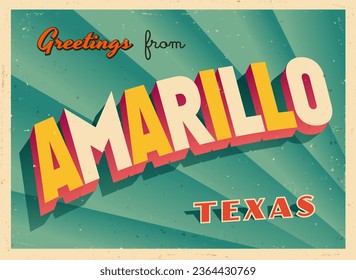 Greetings from Amarillo, Texas, USA - Wish you were here! - Vintage Touristic Postcard. Vector Illustration. Used effects can be easily removed for a brand new, clean card.