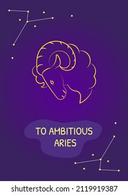 Greetings to ambitious aries postcard with linear glyph icon. Greeting card with decorative vector design. Simple style poster with creative lineart illustration. Flyer with holiday wish