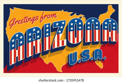 Saludos desde Arizona USA. Postal de estilo retro con estrellas patrióticas y letras de rayas y mapa de Estados Unidos en el fondo. Ilustración vectorial.