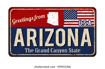 Greetings from Arizona vintage rusty metal sign on a white background, vector illustration