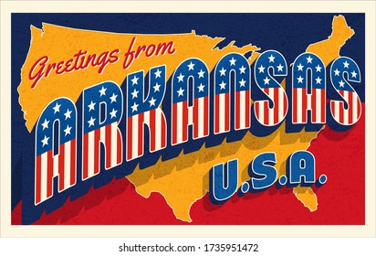 Greetings from Arkansas USA. Retro style postcard with patriotic stars and stripes lettering and United States map in the background. Vector illustration.