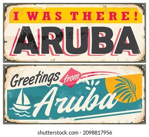 Greetings from Aruba, retro souvenirs signs set. Aruba card designs layout with tropical theme. Travel and vacation vintage vector signs template.