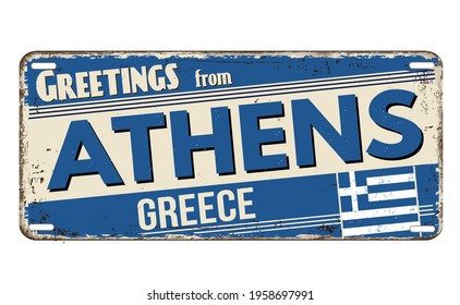 Greetings from Athens vintage rusty metal plate on a white background, vector illustration