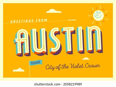 Greetings from Austin, Texas - City of the Violet Crown - Touristic Postcard - EPS 10.