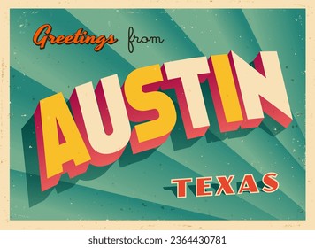 Greetings from Austin, Texas, USA - Wish you were here! - Vintage Touristic Postcard. Vector Illustration. Used effects can be easily removed for a brand new, clean card.