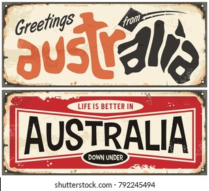 Greetings from Australia retro sign template. Life is better in Australia vintage souvenir card. Travel destinations.