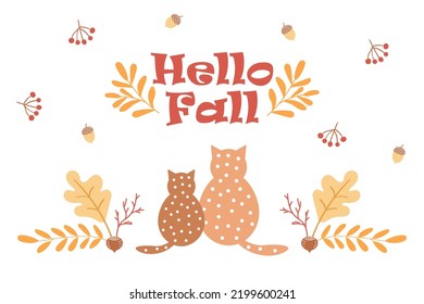 Greetings autumn postcard with cats and leaves. vector illustration