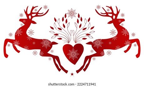 Greetings, background with New Year Christmas card, holiday greeting poster, many elements organized. Red folk scandinavian style. Stock illustration