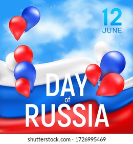 Greetings banner or poster for the national Russian holiday independence Day. Vector illustration with the waving tricolor flag and multicolored balloons on the blue sky background