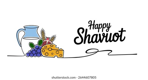 Saudações modelo de banner com leite, trigo e presentes de saudações da natureza. Fundo festivo e convites para Shavuot e Shavuot Sameach, primavera ou outono sobre fundo branco.