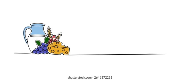 Saudações modelo de banner com leite, trigo e presentes de saudações da natureza. Fundo de layout festivo e convites para Shavuot e Shavuot Sameach, primavera ou outono com espaço de cópia